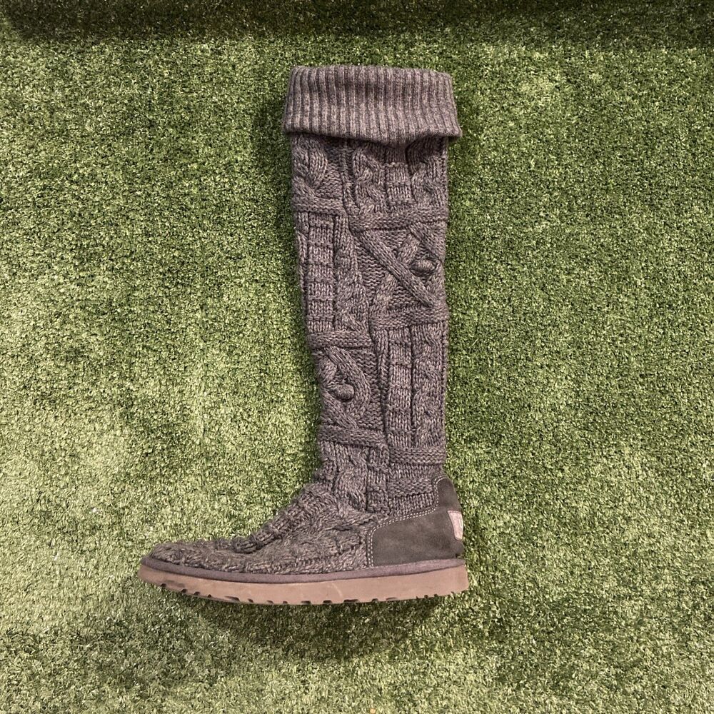 UGG Australia Cardi Over Knee Cable Knit Sweater Boots Grey Womens 9 USA Made - Picture 12 of 15
